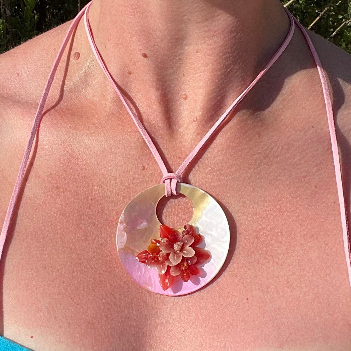 Wrap Necklace - Pink Flower Hoop