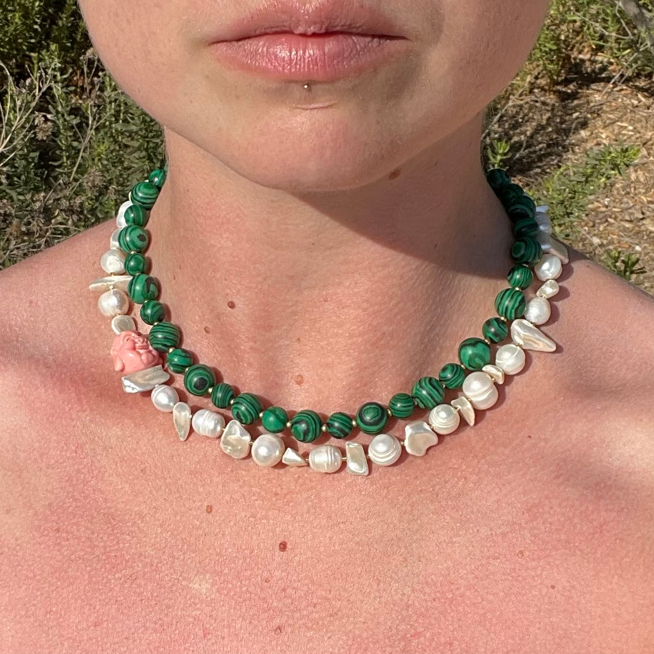 Necklace - Pink Buddha + Pearls