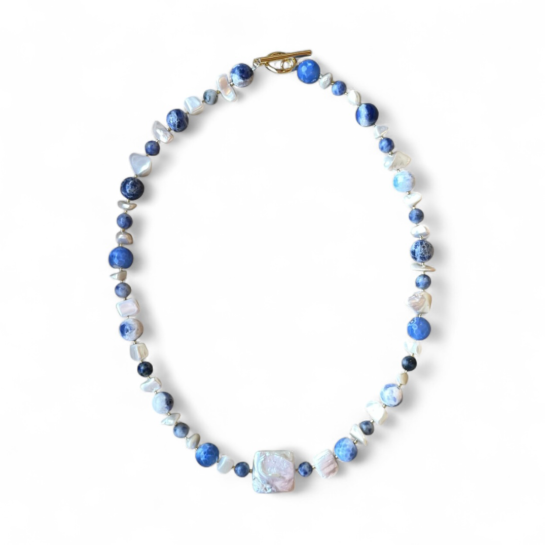Necklace - Blue + White Square Pearl