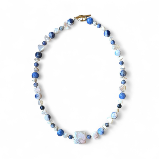 Necklace - Blue + White Square Pearl